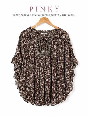 Pinky Ditsy Floral Peasant Blouse Batwing Ruffle Sleeve Small